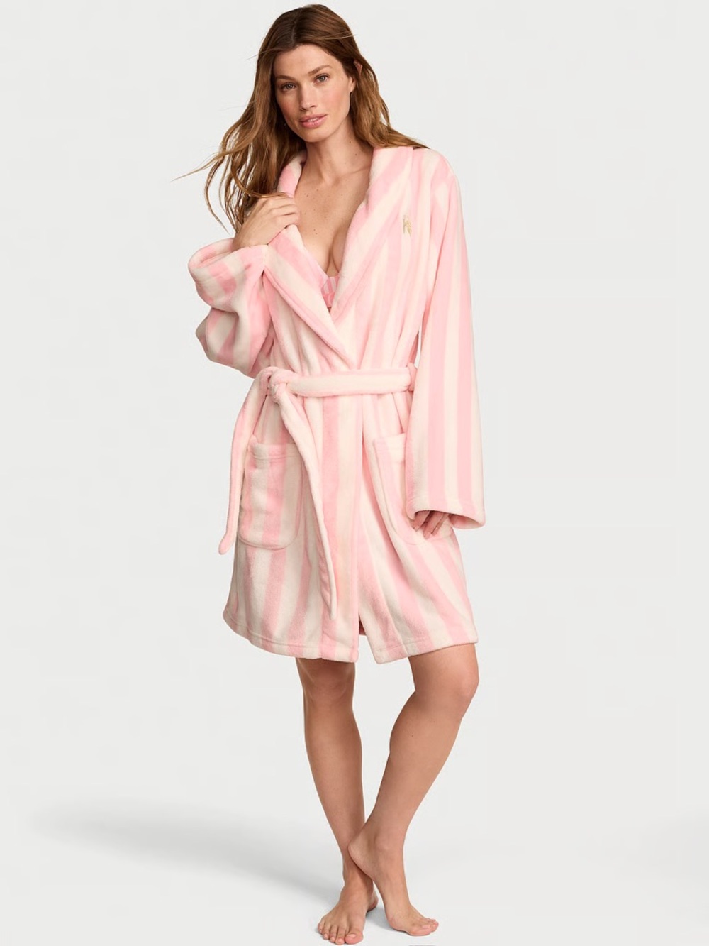 Victoria Secret Plush Pink Stripe Short Cozy Robe